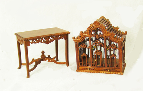 Brass Bird Cage w/ Bird & Stand  Mary's Dollhouse Miniature Accessories