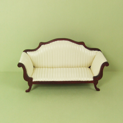 8044-02, White Stripe Loveseat with Mahogany Frame in 1" Scale - Click Image to Close